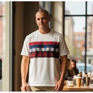 NWT Tommy Hilfiger Tartan Plaid Patchwork Strip T Shirt XL Rare Hilfiger Edition